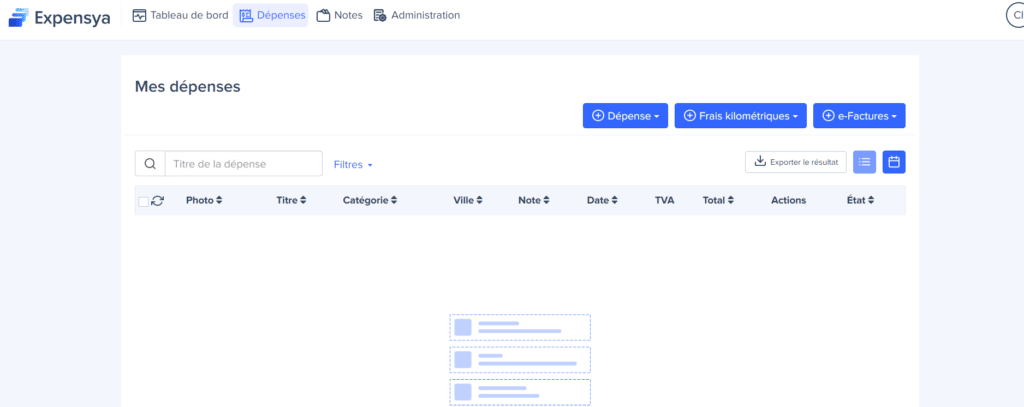 Liste des notes de frais et reporting sur le logiciel Expensya