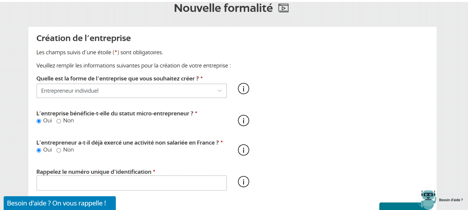Page nouvelle formalité