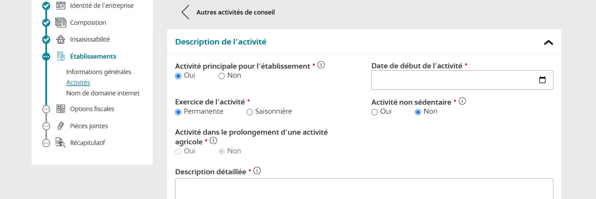 Question sur l'activité liée à l'établissement 