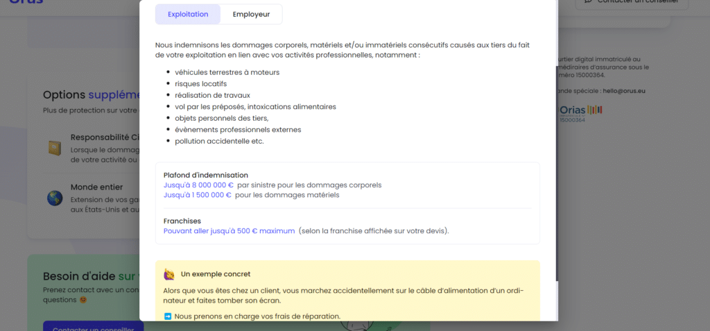 Réalisation d'un devis test auprès de l'assurance Orus sur le blog du dirigeant