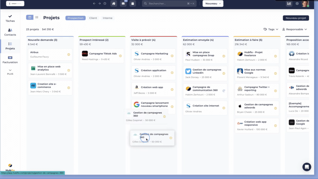 Vision des projets par pipeavec HubFlo sur le blog du dirigeant