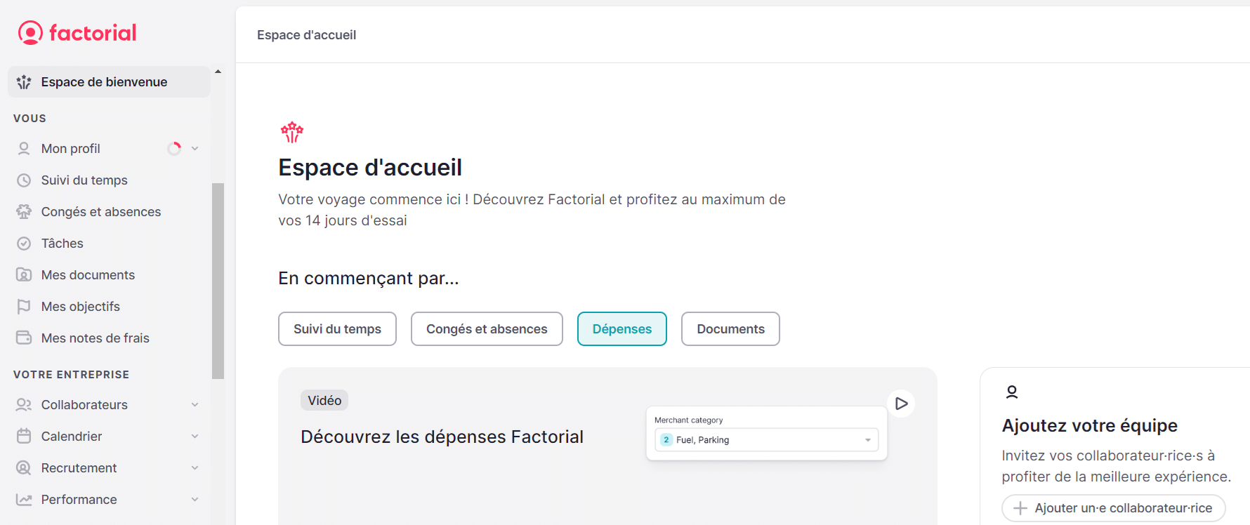 Le menu central du logiciel Factorial sur Le Blog du dirigeant