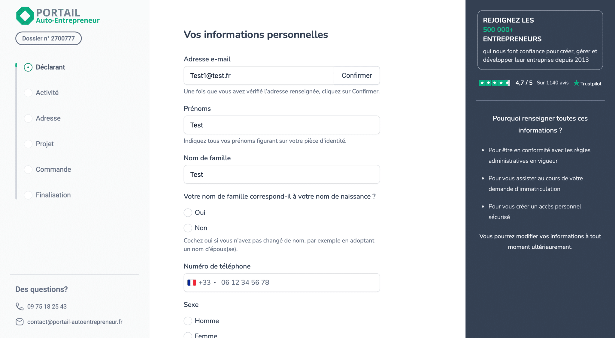 informations personnelles autoentrepreneur