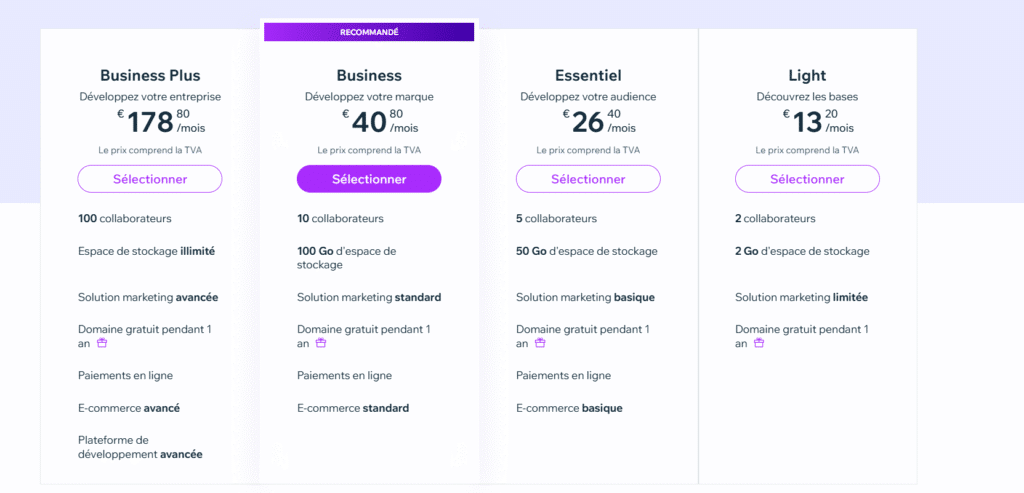 Les tarifs de Wix IA pour la création d'un site par IA.
