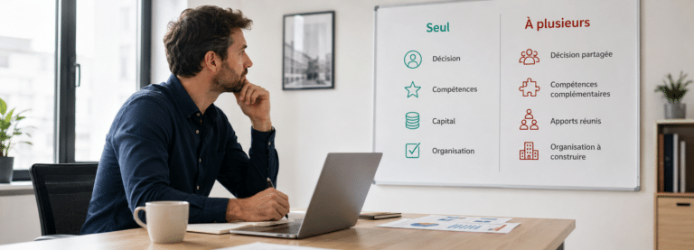 Créateur d’entreprise de profil observant un tableau comparant la création d’entreprise seul et à plusieurs