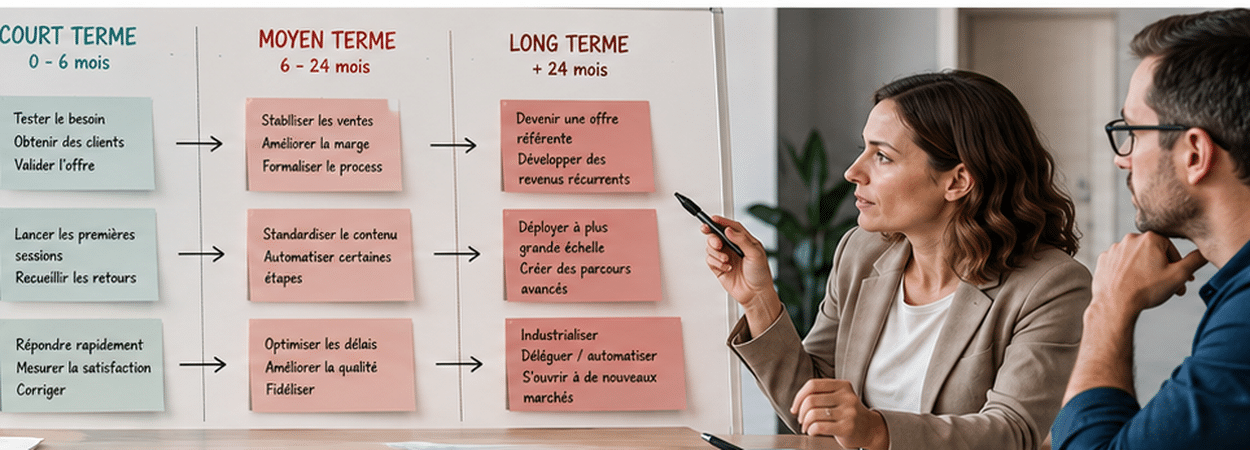 Entrepreneur et conseiller définissant les objectifs de plusieurs services à court, moyen et long terme.