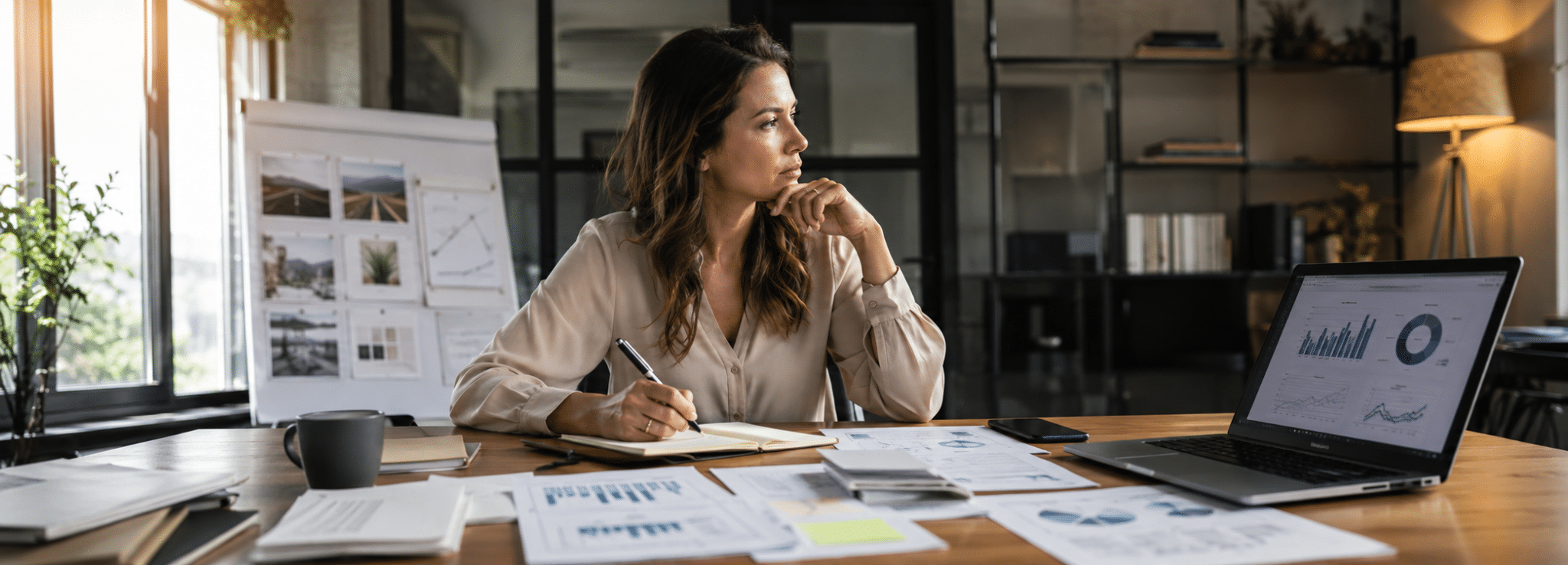 Entrepreneure confrontant ses ambitions de développement aux données financières de son modèle économique
