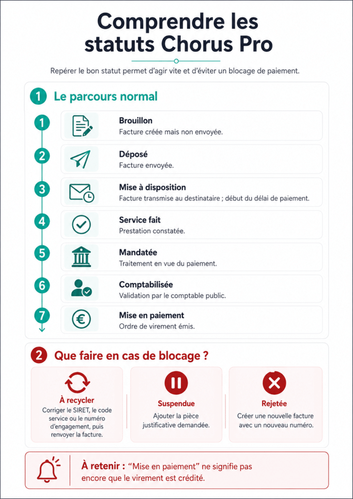 Parcours des statuts d’une facture sur Chorus Pro et actions en cas de blocage