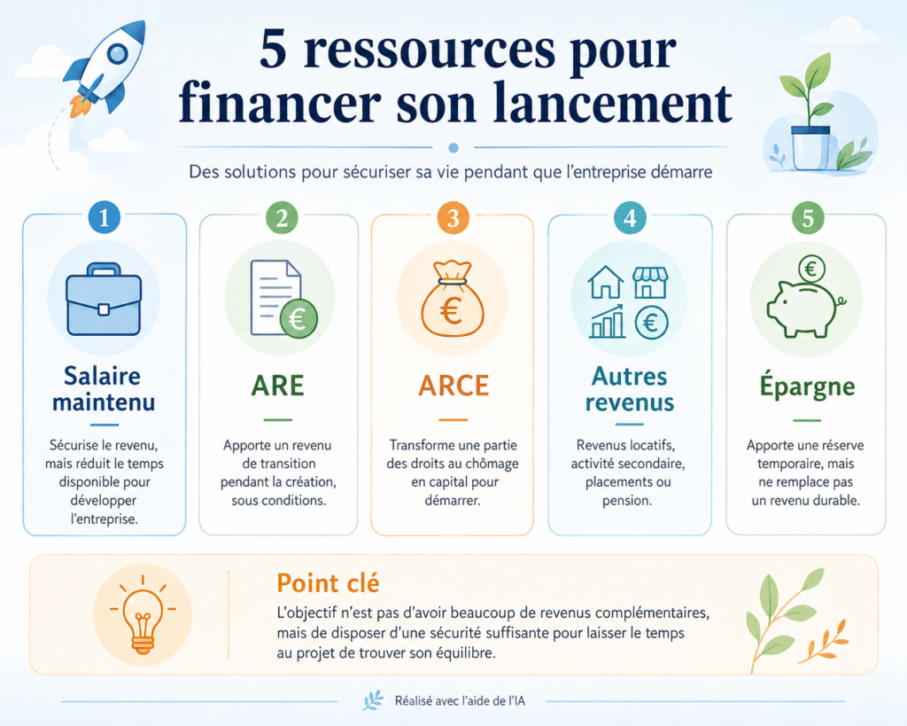 Infographie présentant cinq ressources pour financer son lancement d’entreprise : salaire maintenu, ARE, ARCE, autres revenus et épargne.