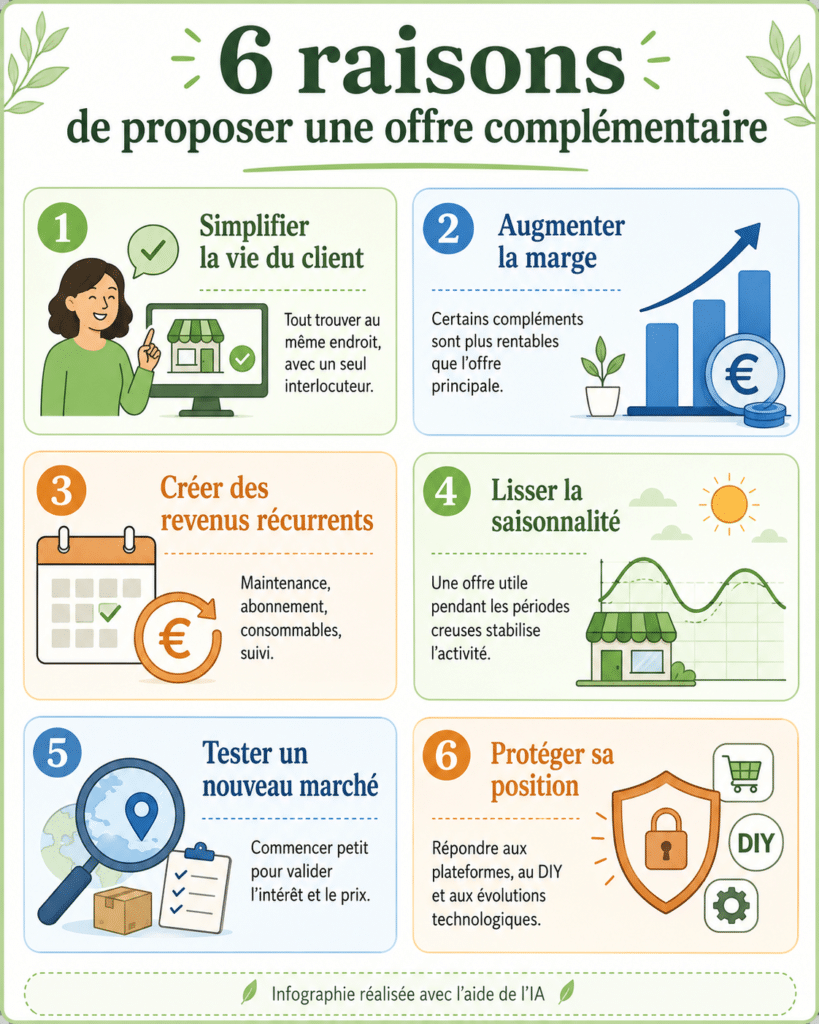 Infographie pr&eacute;sentant six raisons de proposer une offre compl&eacute;mentaire dans son entreprise.