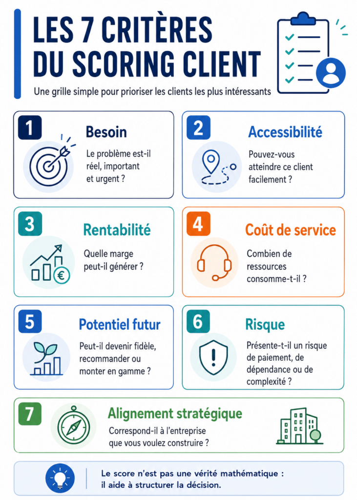 Sept critères de scoring client : besoin, accessibilité, rentabilité, coût de service, potentiel futur, risque et alignement stratégique