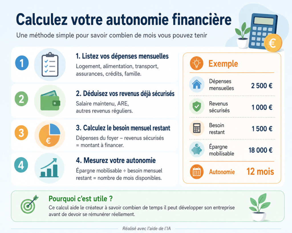 Infographie expliquant comment calculer son autonomie financière avant de créer son entreprise.