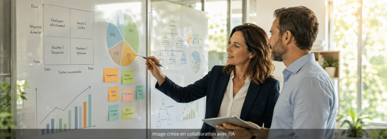 Deux professionnels analysant des graphiques, les facteurs clés de succès du marché et des critères stratégiques sur un tableau.