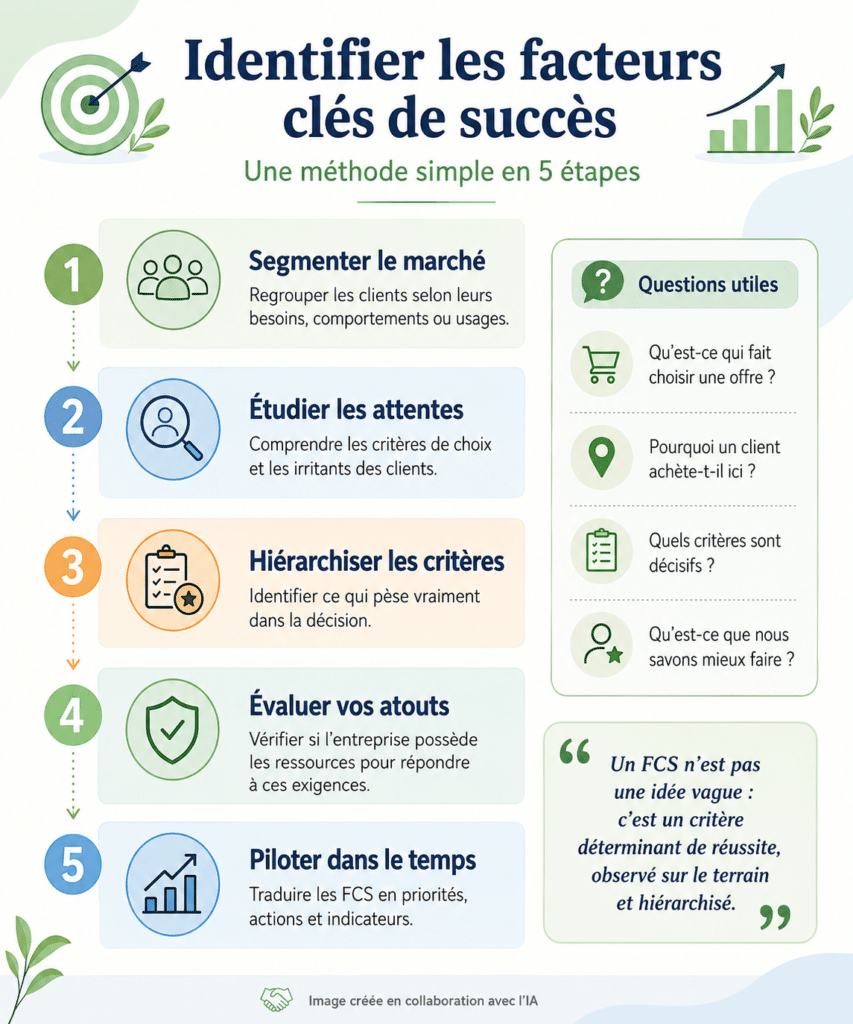 Infographie expliquant une méthode en cinq étapes pour identifier les facteurs clés de succès d’un marché.