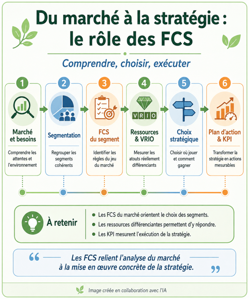 Infographie montrant comment les facteurs clés de succès relient l’analyse du marché au choix stratégique et au plan d’action.