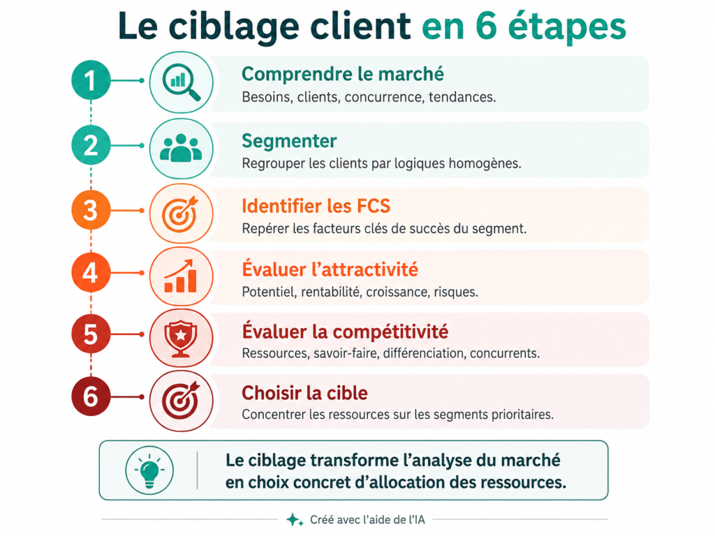 Les 6 étapes du ciblage client : comprendre le marché, segmenter, identifier les facteurs clés de succès, évaluer l’attractivité et la compétitivité puis choisir sa cible