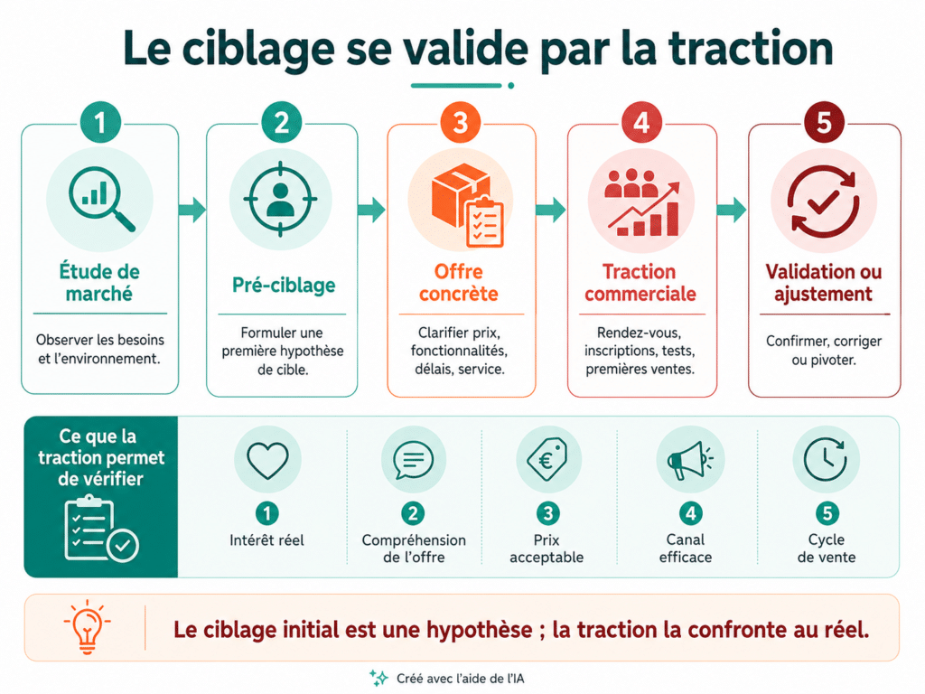Processus de validation du ciblage client par l’étude de marché, une offre concrète et la traction commerciale