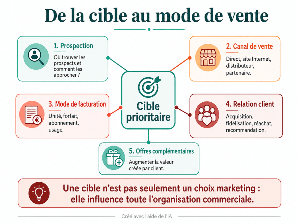 Conséquences du choix de la cible client sur la prospection, les canaux de vente, la facturation, la relation client et les offres complémentaires