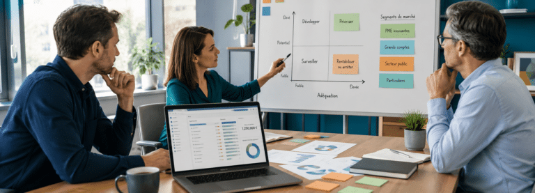 Équipe dirigeante analysant des segments de clients pour choisir les cibles prioritaires de l’entreprise