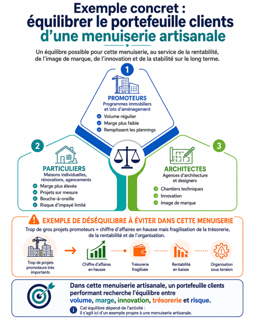 Exemple de portefeuille clients équilibré entre promoteurs, particuliers et architectes dans une menuiserie artisanale