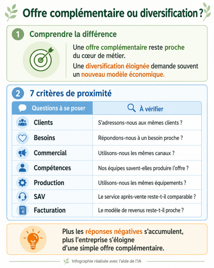 Infographie pr&eacute;sentant 7 crit&egrave;res pour distinguer une offre compl&eacute;mentaire d&rsquo;une diversification d&rsquo;activit&eacute;.
