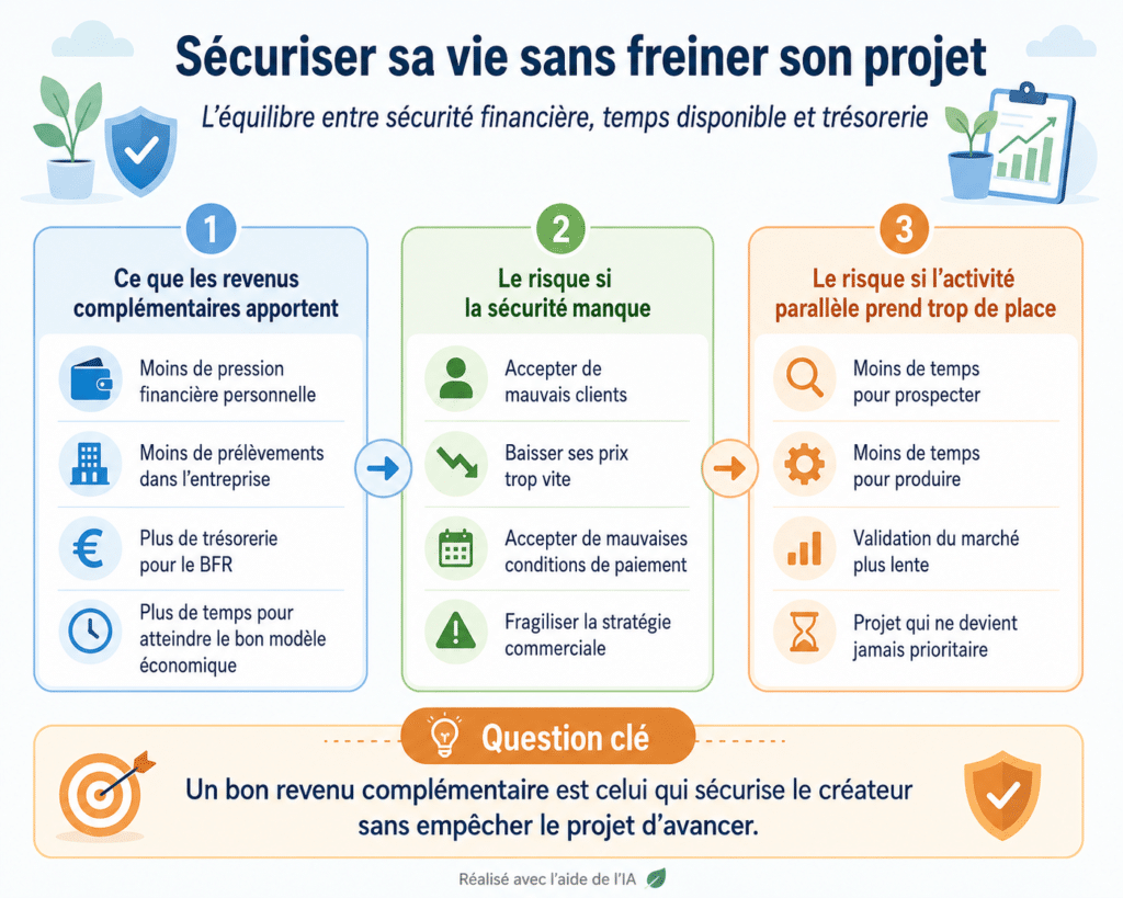 Infographie sur l’équilibre entre sécurité financière, revenus complémentaires et temps consacré à son projet entrepreneurial.