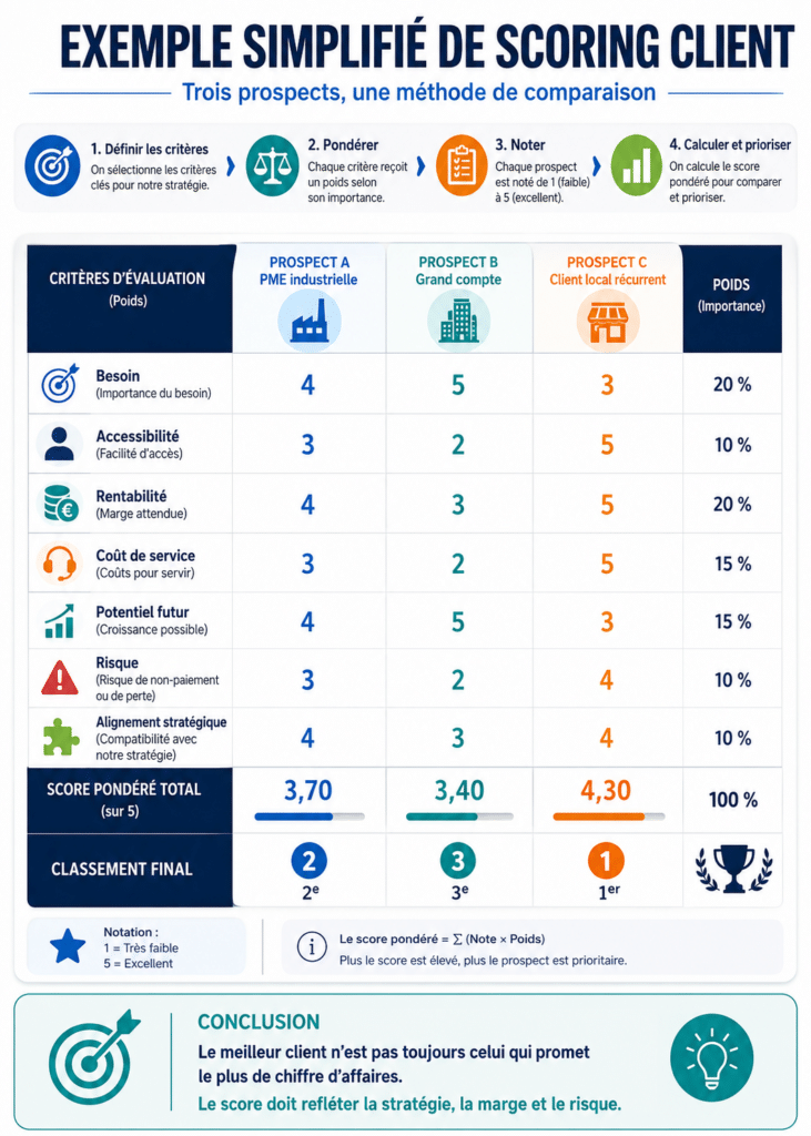 Exemple de scoring client pondéré comparant trois prospects selon plusieurs critères et leur importance