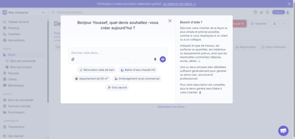 créer un devis avec Costructer