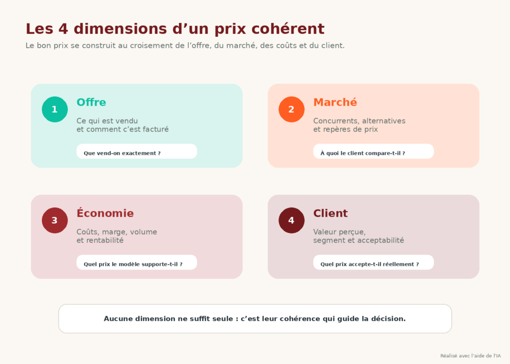 Les quatre dimensions pour fixer un prix coh&eacute;rent : offre, march&eacute;, &eacute;conomie de l&rsquo;entreprise et client
